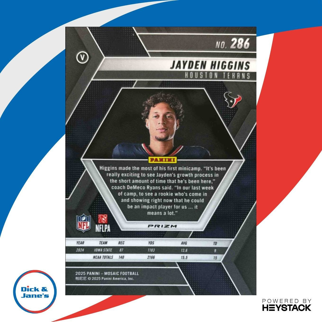 2025 Panini Mosaic Jayden Higgins Rookie Silver Variation #286 RC Houston Texans - Sports Cards