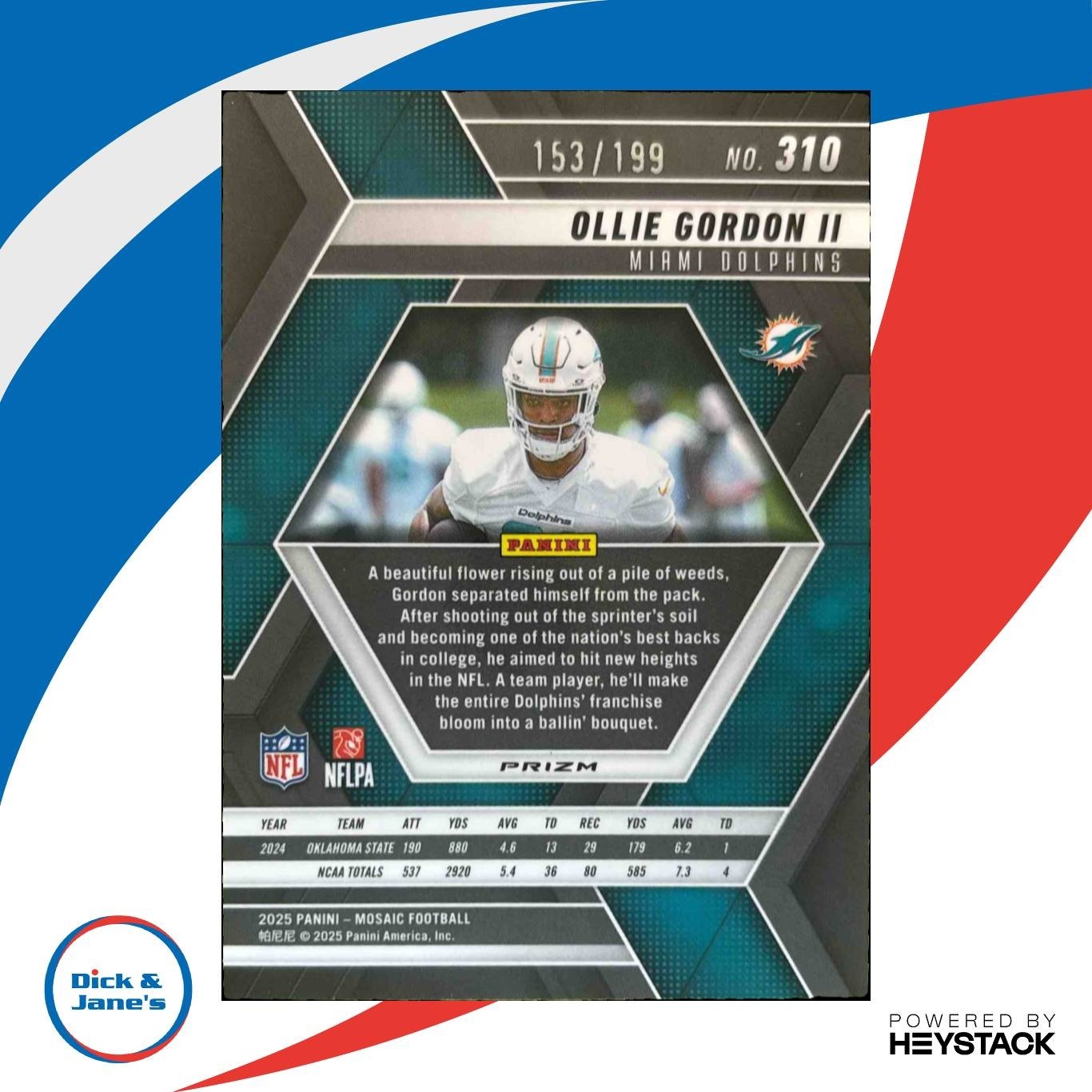 2025 Panini Mosaic Ollie Gordon II Rookies Orange /199 #310 RC Miami Dolphins - Sports Cards