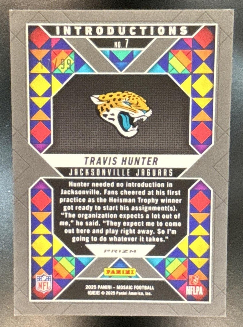 2025 Panini Mosaic Travis Hunter Introductions Blue /99 #7 RC Colorado Buffaloes - Sports Cards