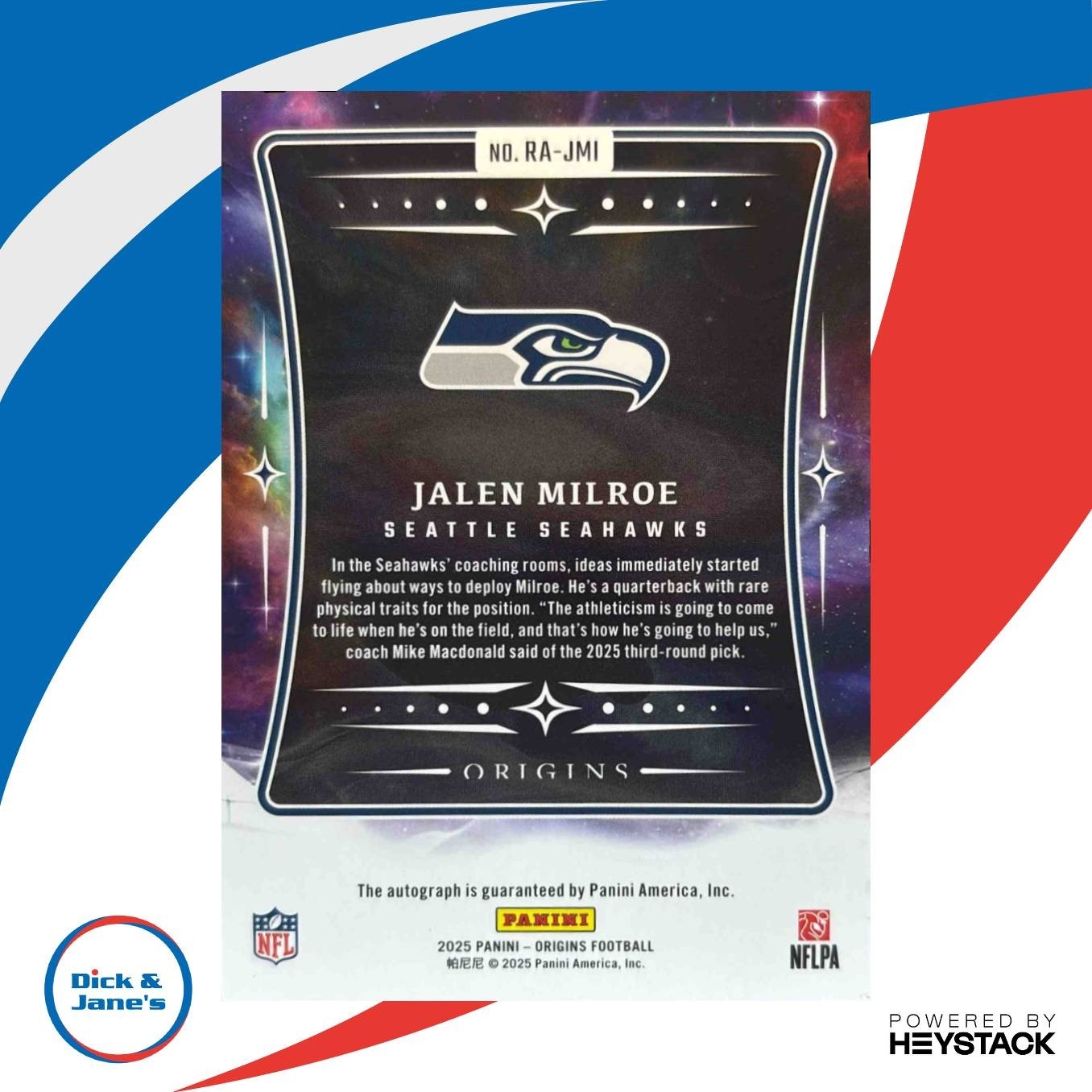 2025 Panini Origins Jalen Milroe Rookie Auto #RA-JMI RC Seattle Seahawks - Sports Cards