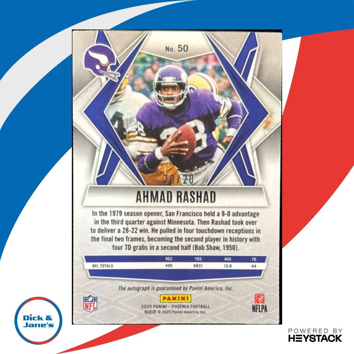 2025 Panini Phoenix Ahmad Rashad Auto /20 #50 Minnesota Vikings - Sports Cards
