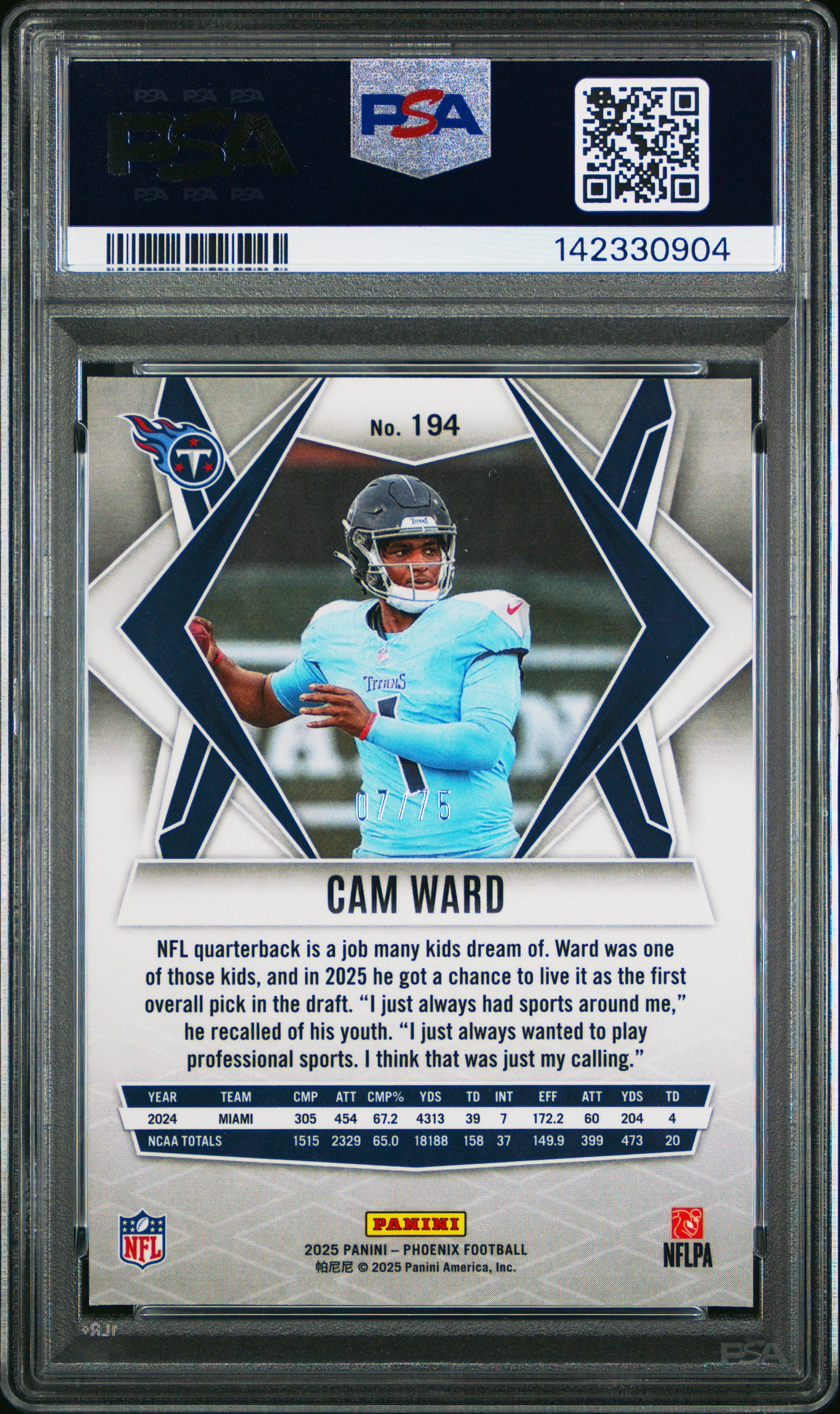 2025 Panini Phoenix Cam Ward Pink Seismic 07/75 Rookie PSA 10 GEM MINT Titans - Graded Sports Cards