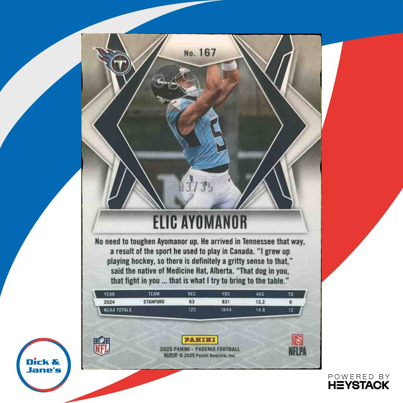 2025 Panini Phoenix Elic Ayomanor Blue Seismic /35 #167 RC Tennessee Titans - Sports Cards