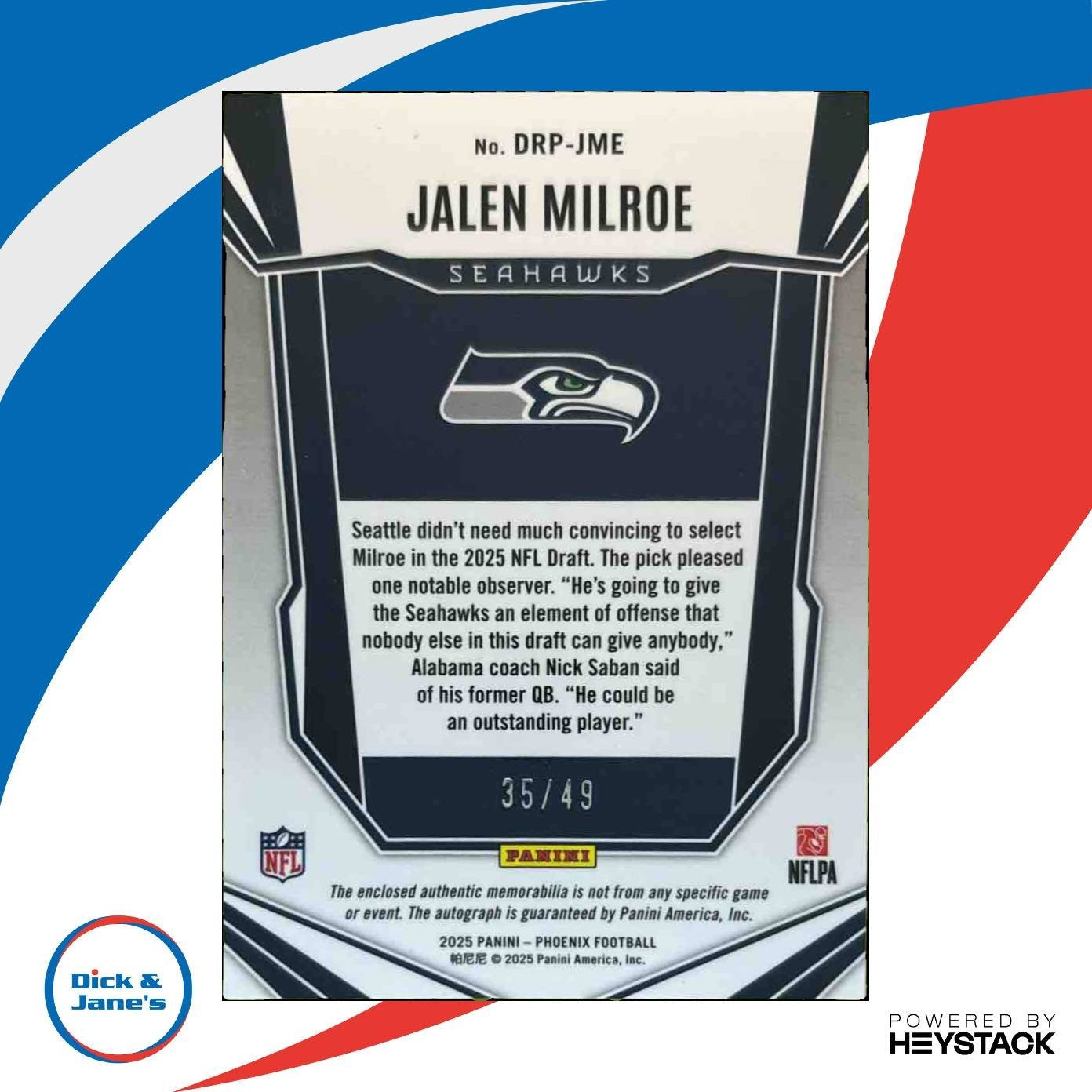 2025 Panini Phoenix Jalen Milroe RPS Dual Rookie Patch Auto Blue /49 RC Seahawks - Sports Cards