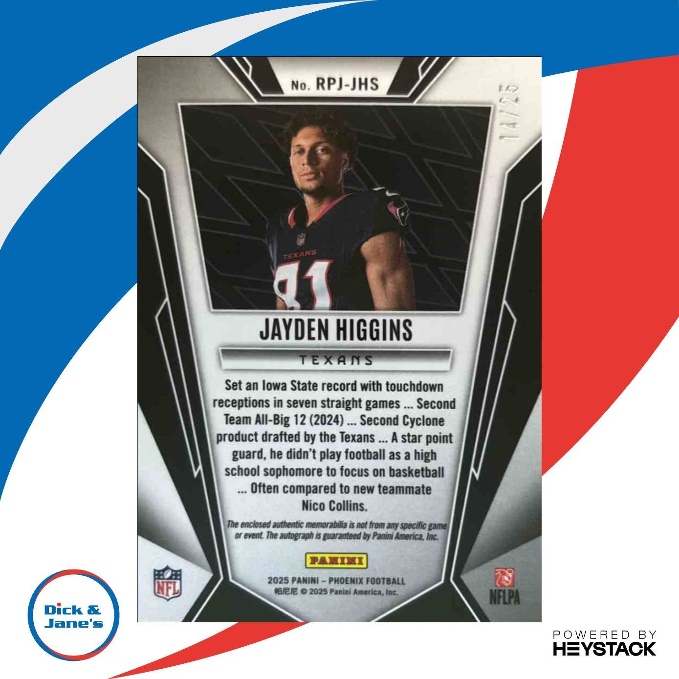 2025 Panini Phoenix Jayden Higgins Rookie Phenoms Jersey Auto Green /25 Texans - Sports Cards