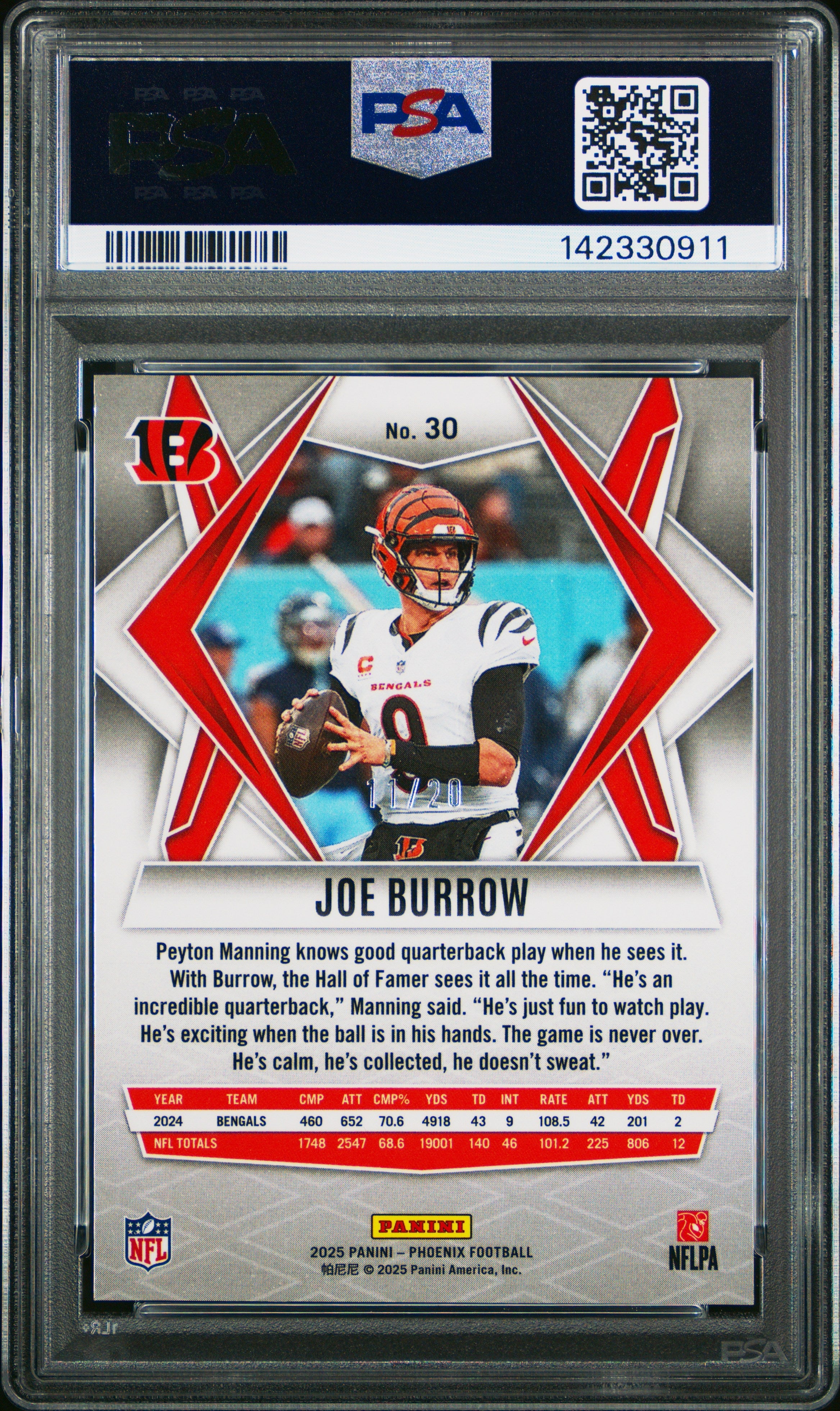 2025 Panini Phoenix Joe Burrow Orange Seismic 11/20 #30 PSA 10 GEM MINT Bengals - Graded Sports Cards