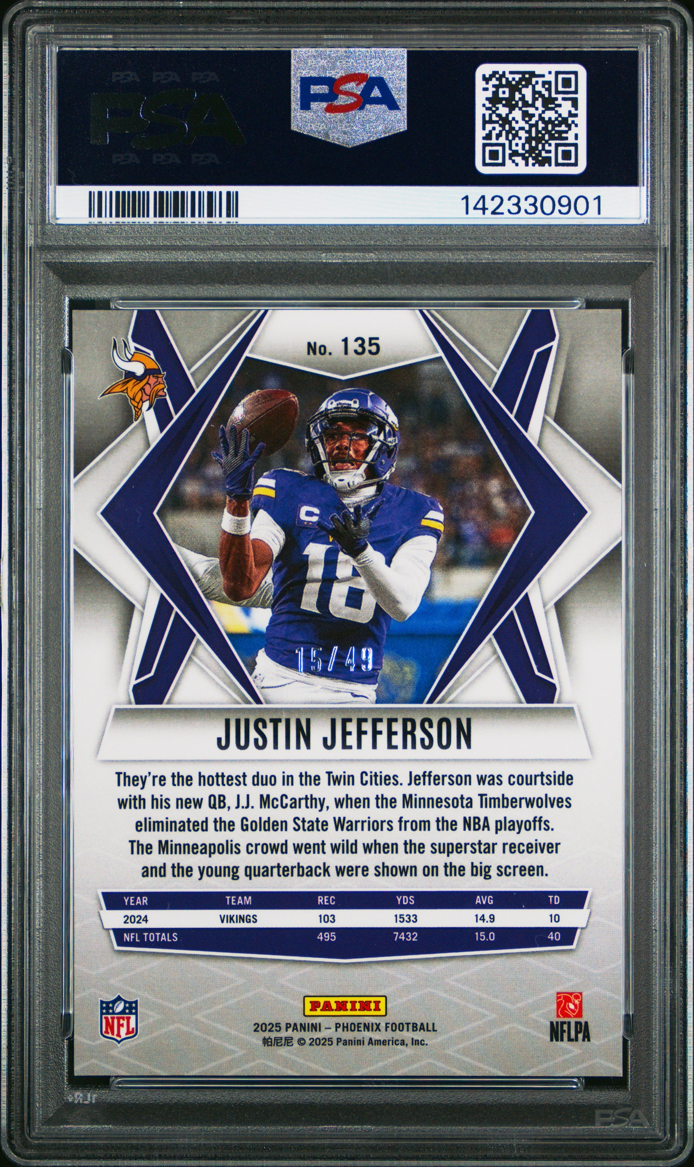 2025 Panini Phoenix Justin Jefferson Purple Seismic /49 PSA 10 GEM MINT Vikings - Graded Sports Cards