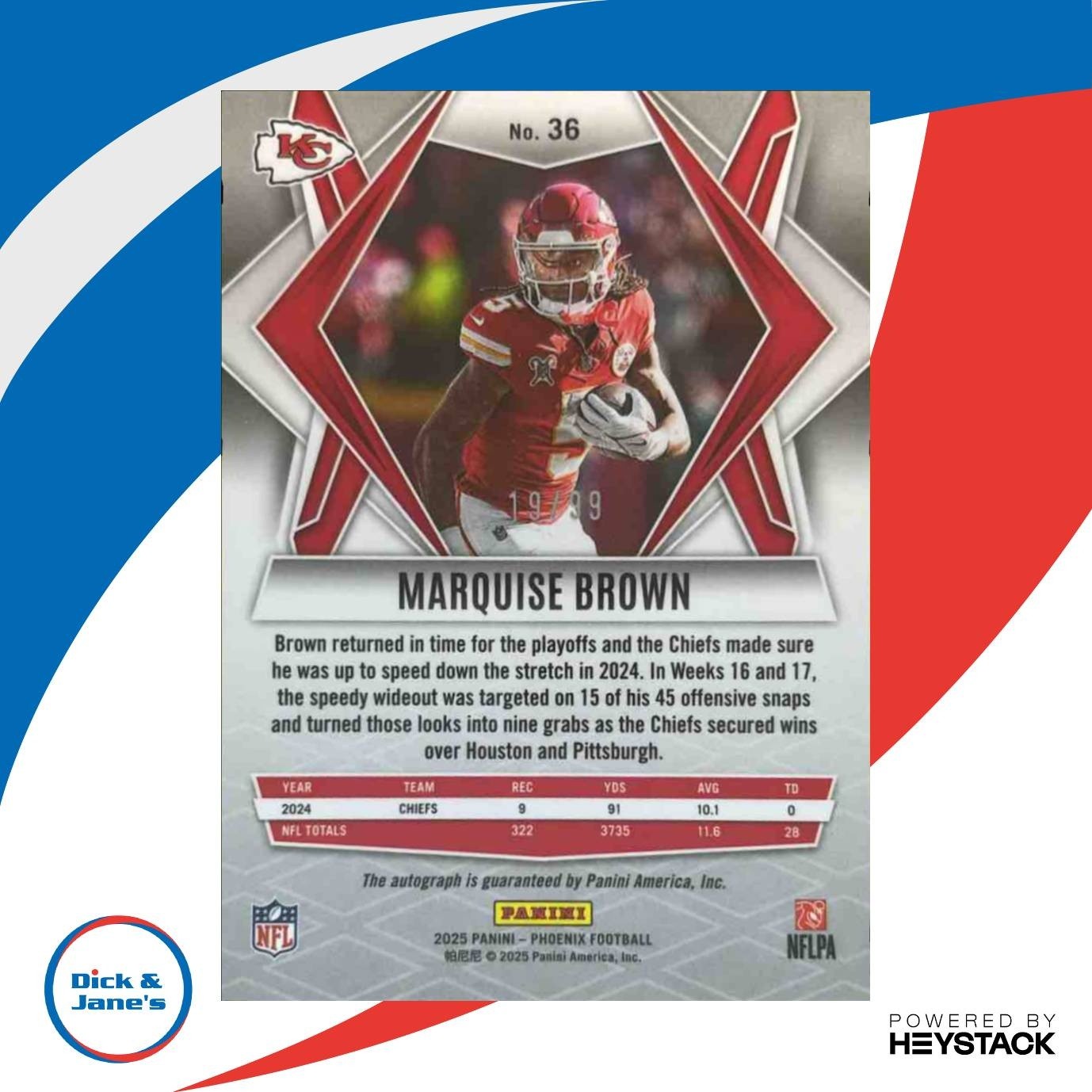 2025 Panini Phoenix Marquise Brown Auto Red Prizm 19/99 #36 Kansas City Chiefs - Sports Cards