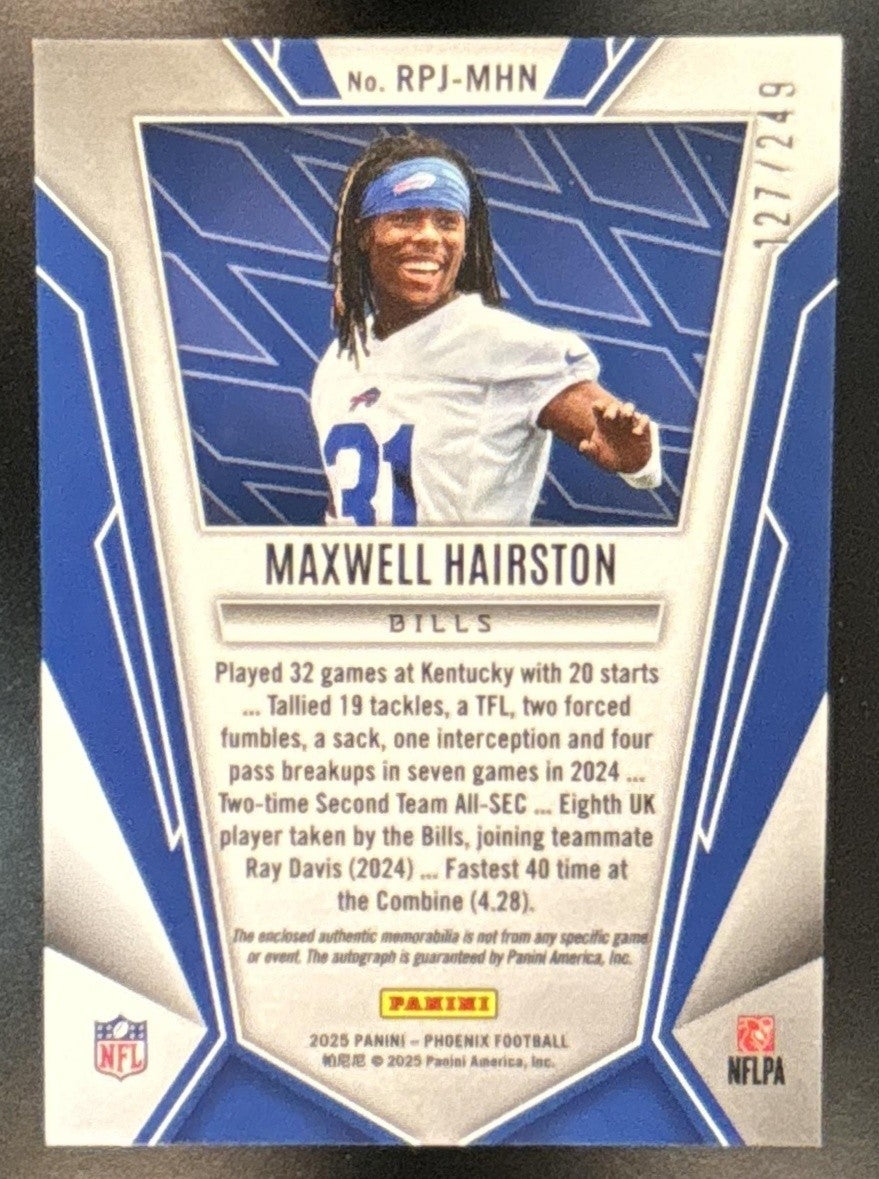 2025 Panini Phoenix Maxwell Hairston Phenoms Jersey Auto /249 MEM RC Bills - Sports Cards