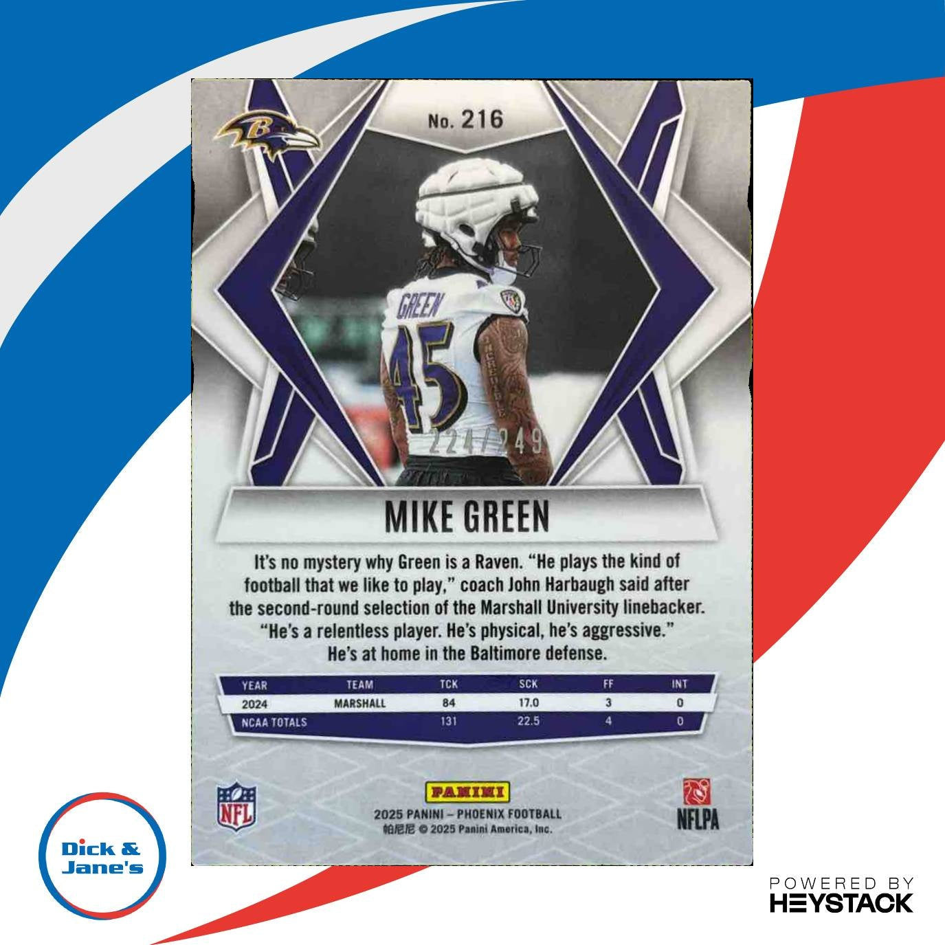 2025 Panini Phoenix Mike Green Purple Hyper 224/249 #216 RC Baltimore Ravens - Sports Cards