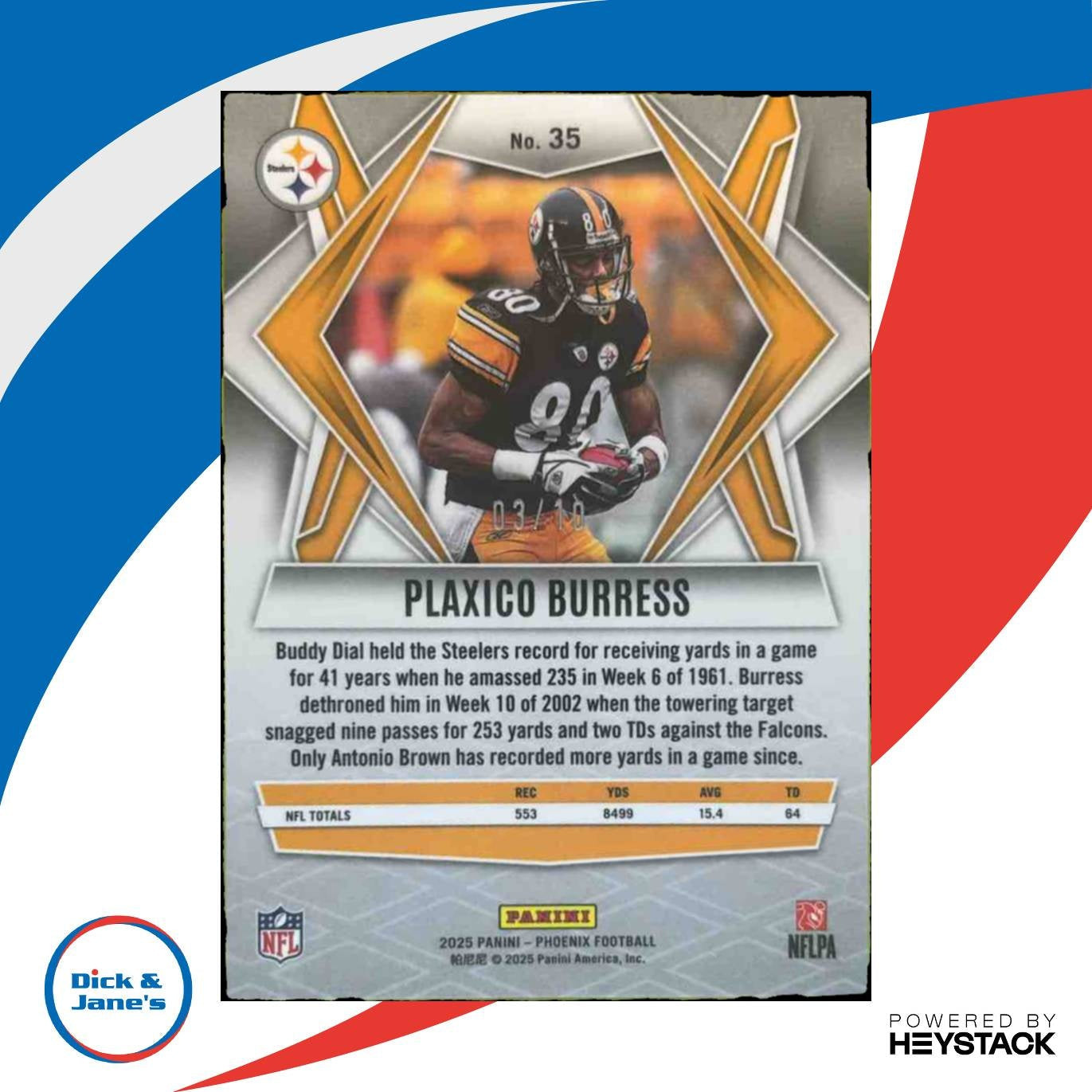 2025 Panini Phoenix Plaxico Burress Gold Hyper 3/10 #35 Pittsburgh Steelers - Sports Cards