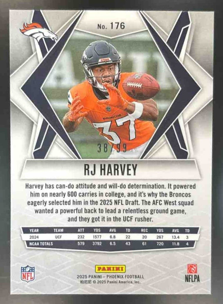 2025 Panini Phoenix RJ Harvey Red Seismic /99 #176 RC Denver Broncos - Sports Cards