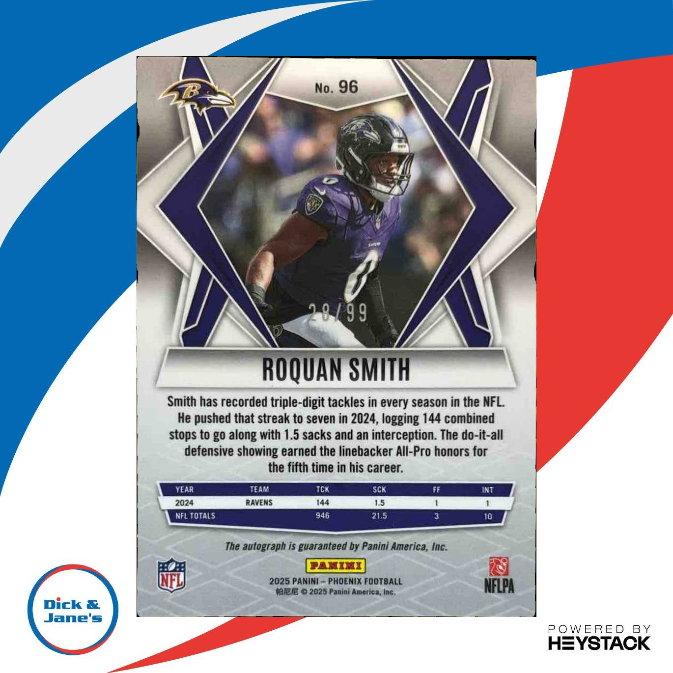 2025 Panini Phoenix Roquan Smith Auto Red 28/99 #96 Baltimore Ravens - Sports Cards