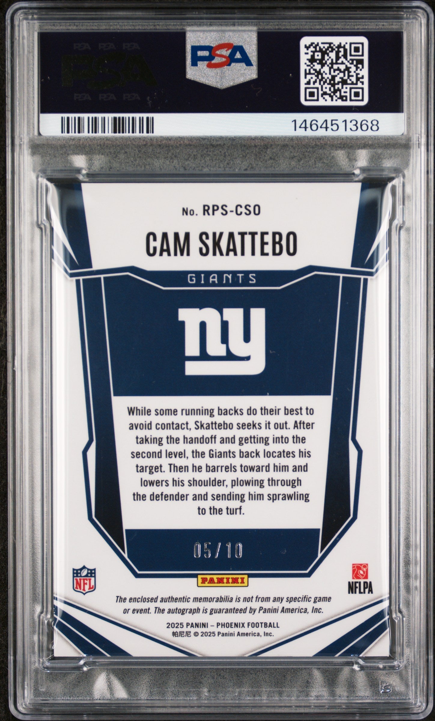 2025 Panini Phoenix RPS Rookie Patch Autographs Cam Skattebo /10 Rookie PSA - Graded Sports Cards