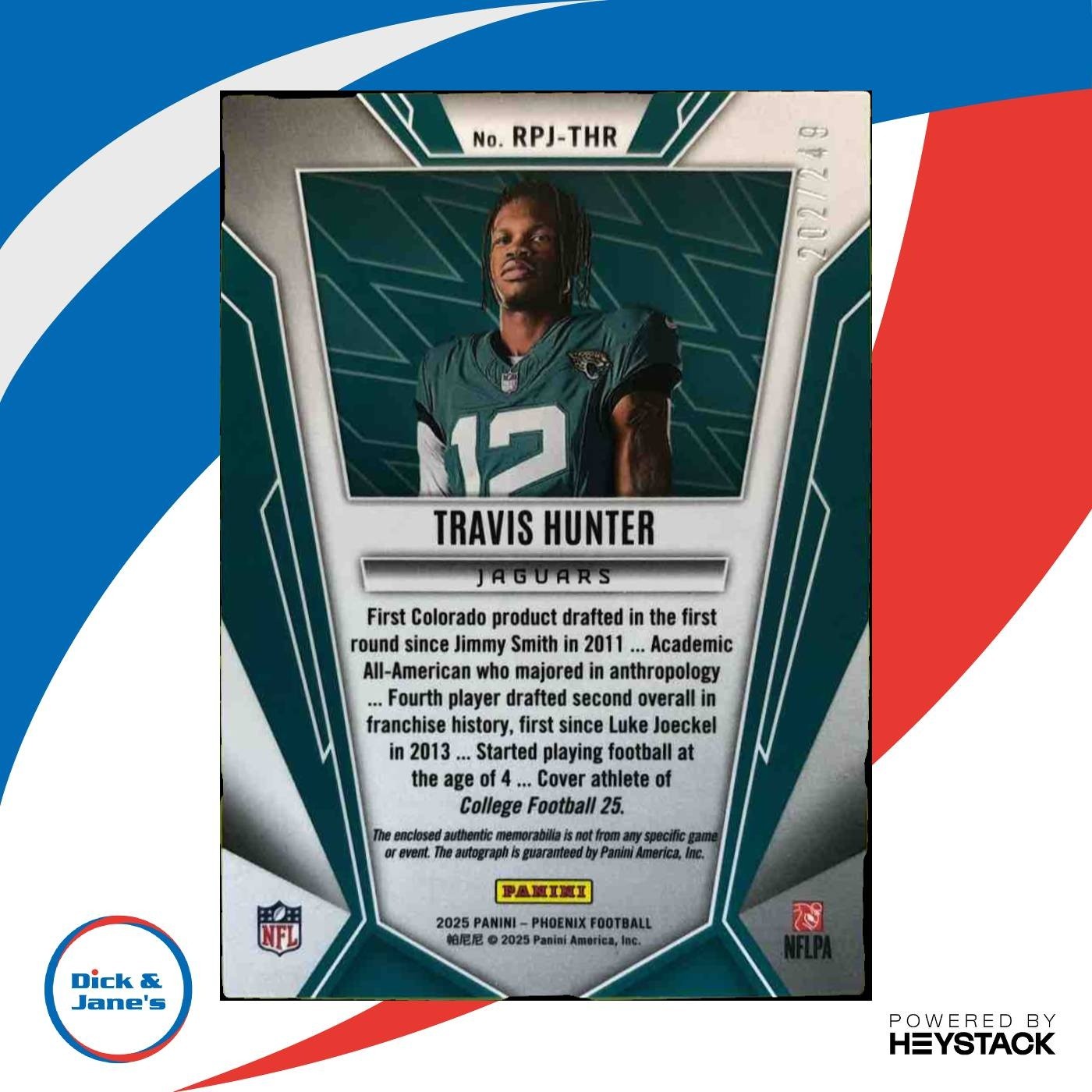 2025 Panini Phoenix Travis Hunter Rookie Phenoms Jersey Auto /249 # RC Jaguars - Sports Cards