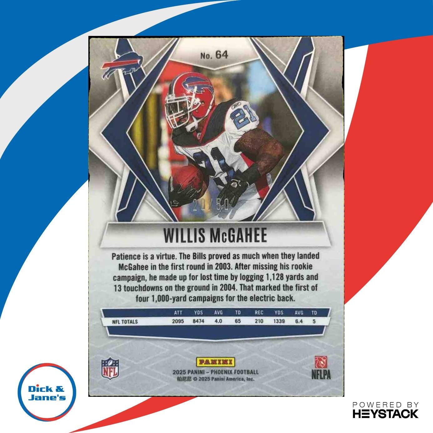 2025 Panini Phoenix Willis McGahee Blue 20/50 #64 Buffalo Bills - Sports Cards