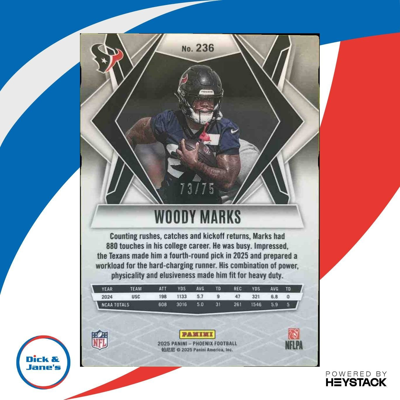 2025 Panini Phoenix Woody Marks Pink Seismic 73/75 #236 RC Houston Texans - Sports Cards