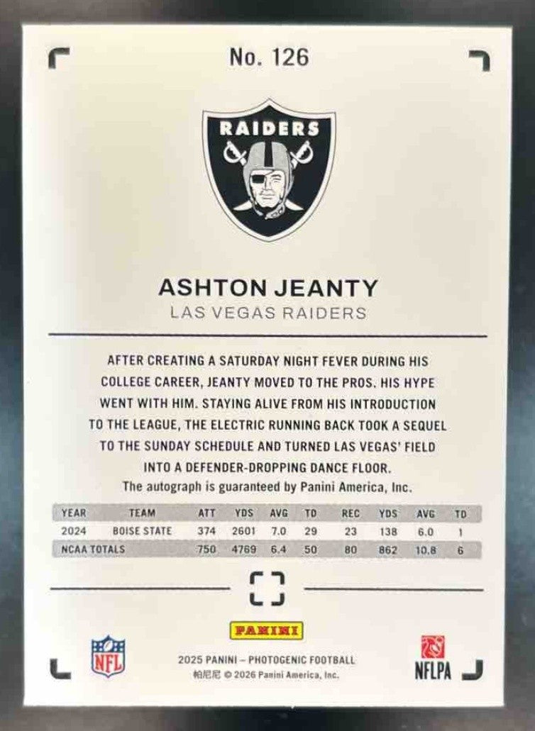 2025 Panini PhotoGenic Ashton Jeanty Rookie Auto Blue /49 RC Las Vegas Raiders - Sports Cards