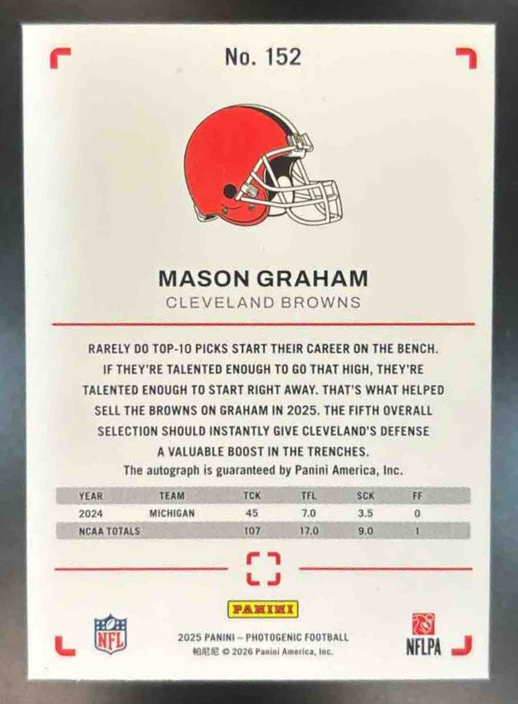 2025 Panini PhotoGenic Mason Graham Auto Green /25 #152 RC Cleveland Browns - Sports Cards
