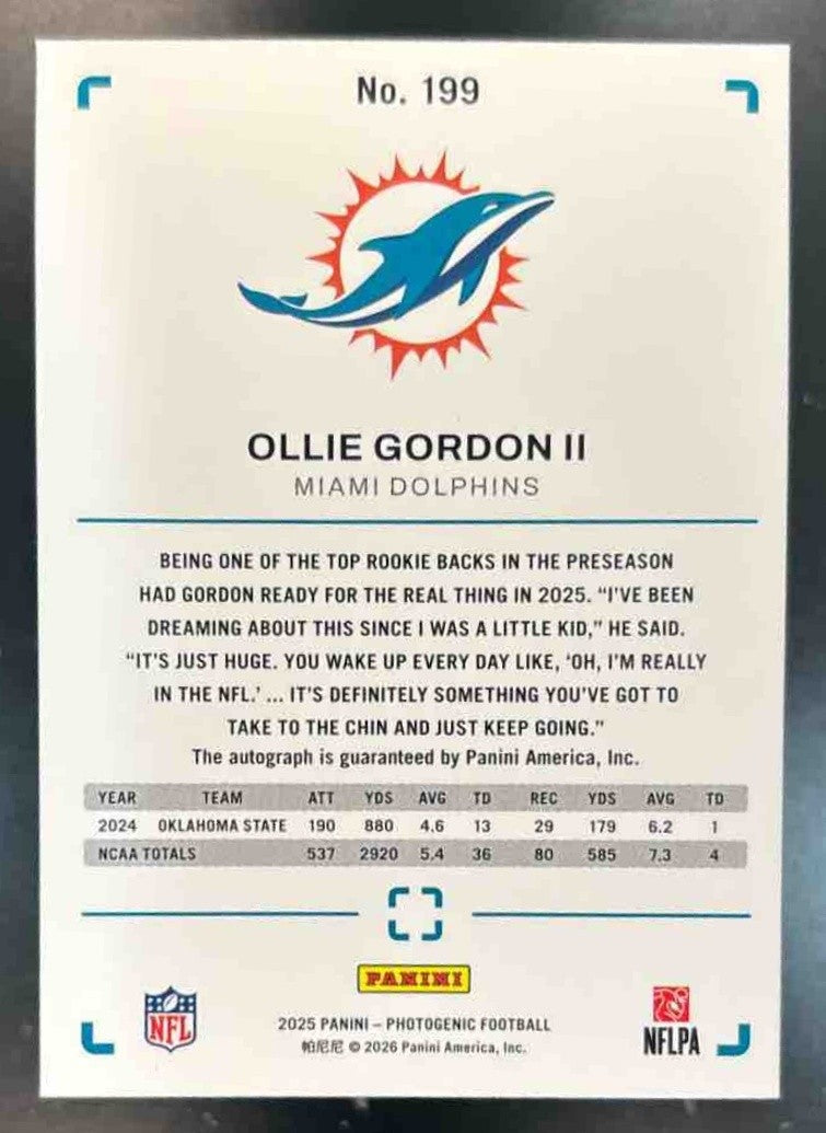 2025 Panini PhotoGenic Ollie Gordon II Auto Horizontal Green /25 #199 RC Dolphin - Sports Cards