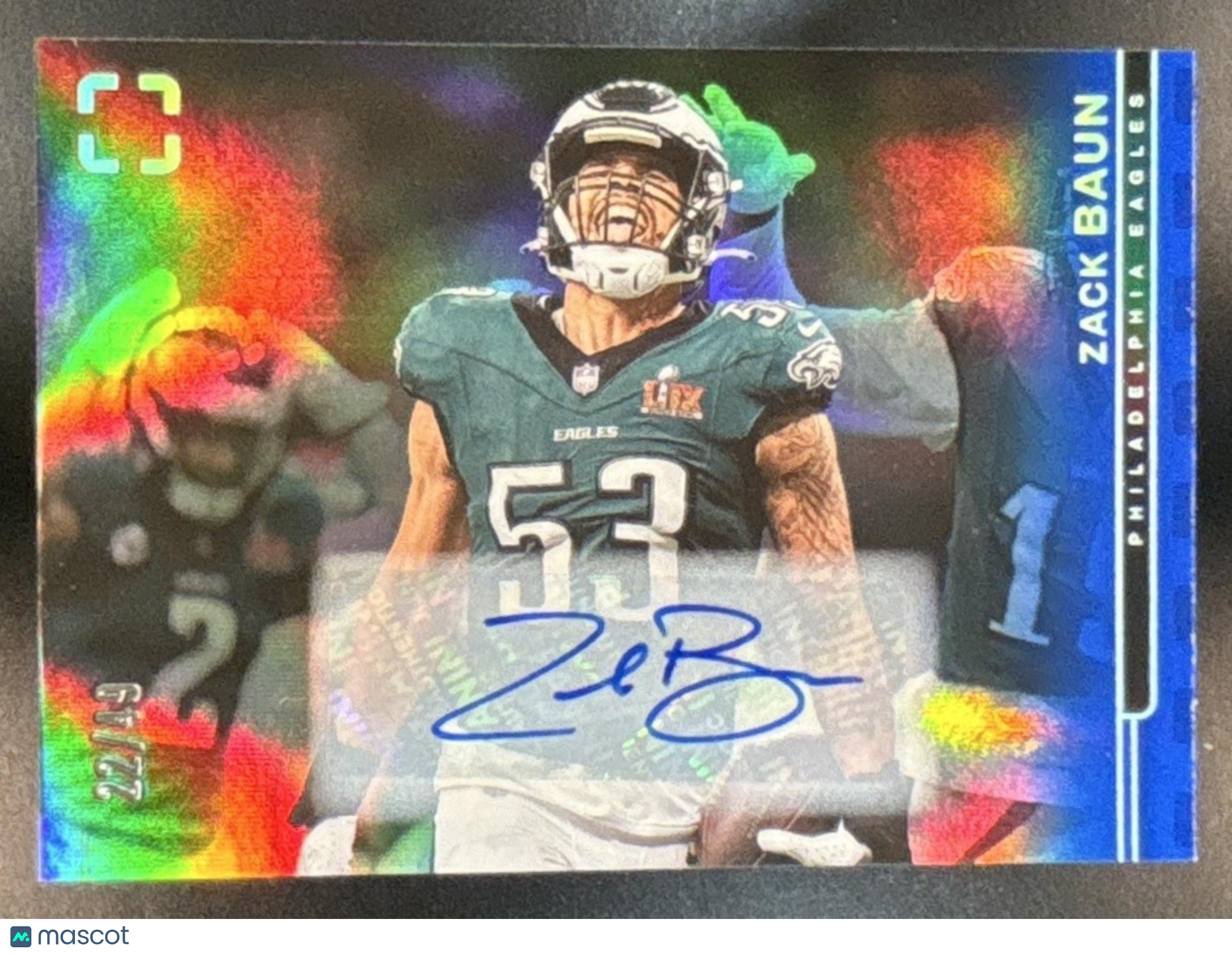 2025 Panini PhotoGenic Zack Baun Auto Horizontal Blue /49 #106 Eagles - Sports Cards