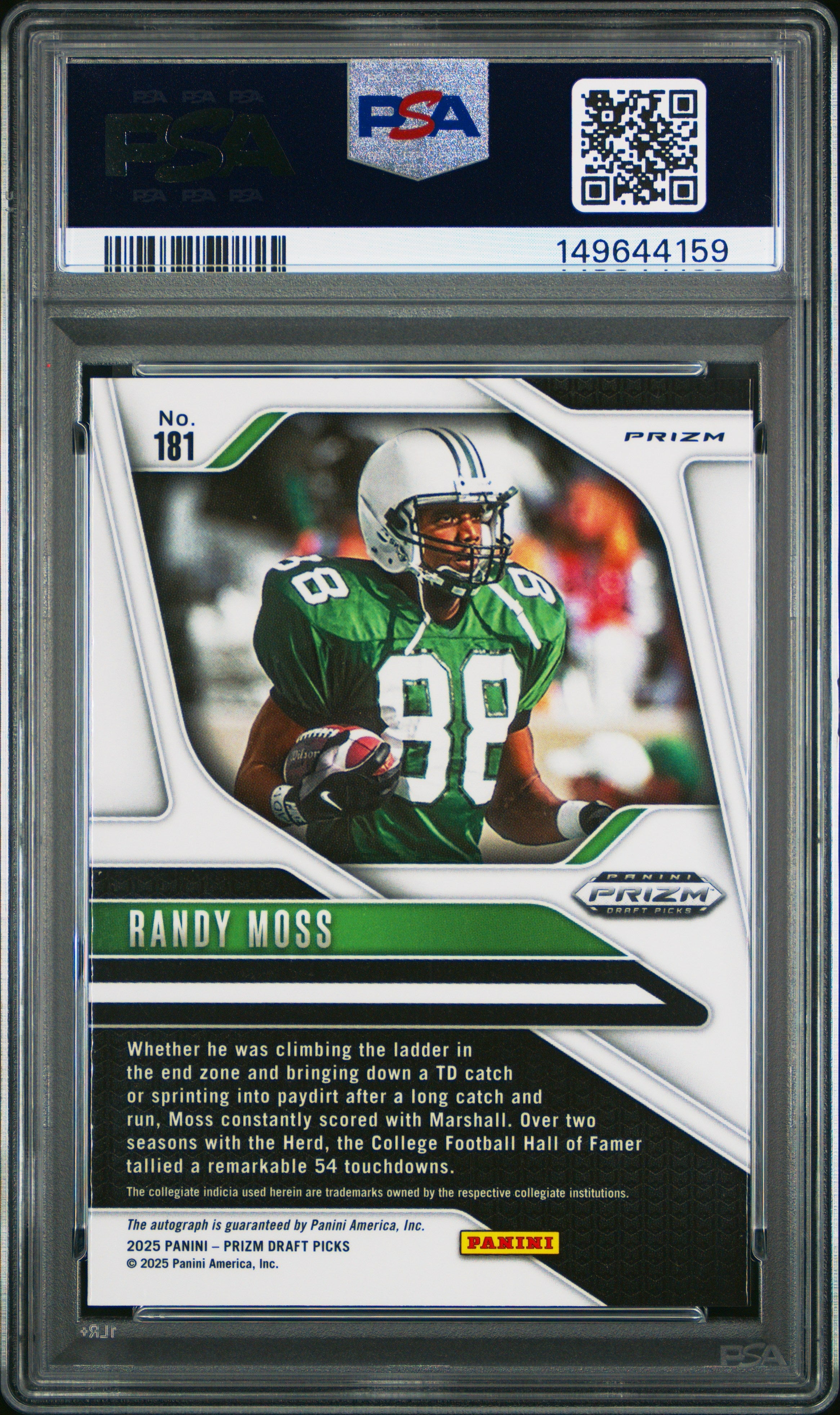 2025 Panini Prizm Draft Picks Randy Moss Autograph Silver #181 PSA 10 GEM MINT - Graded Sports Cards