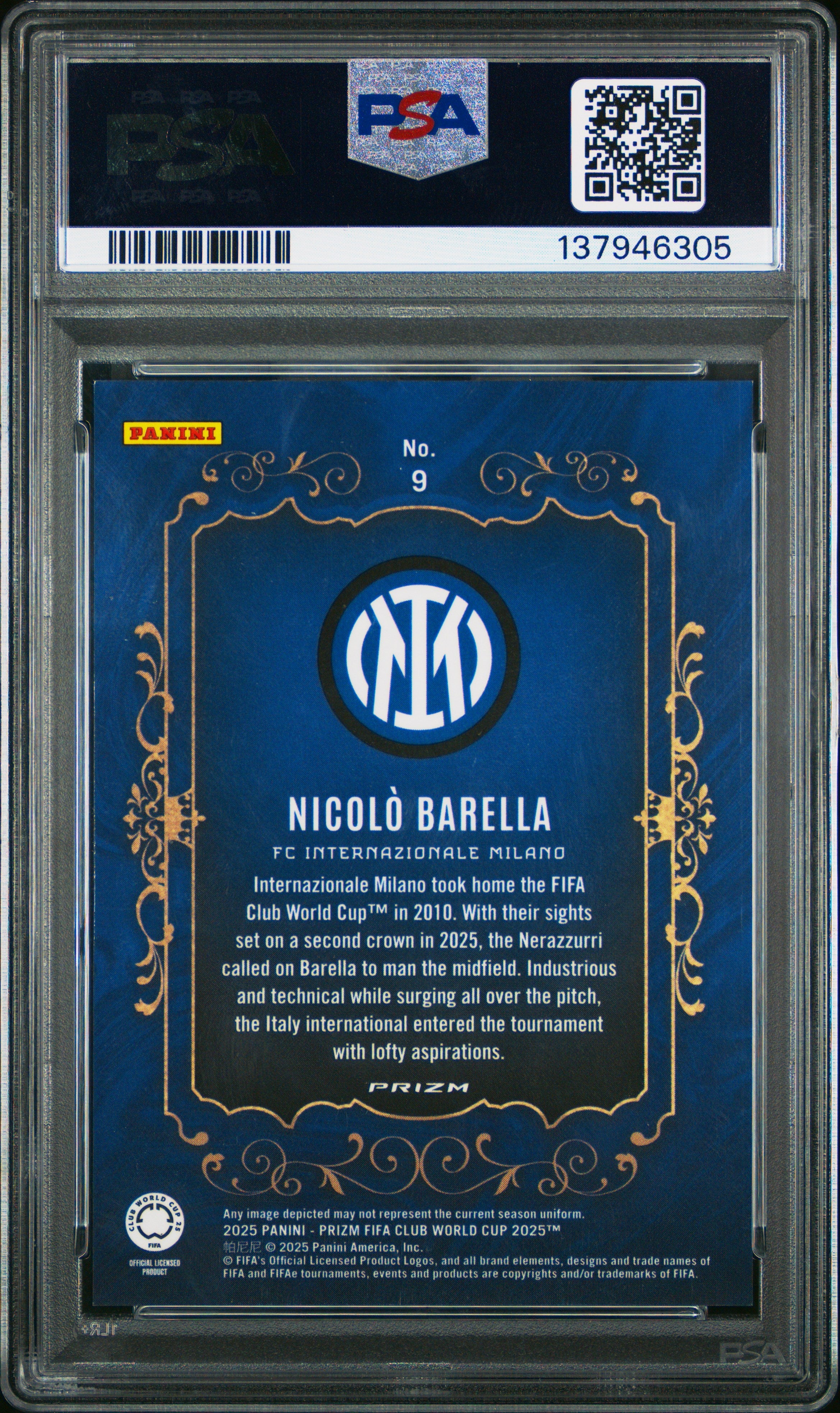 2025 Panini Prizm FIFA Club World Cup Pitch Crowns Nicolo Barella #9 PSA 9 - Graded Sports Cards