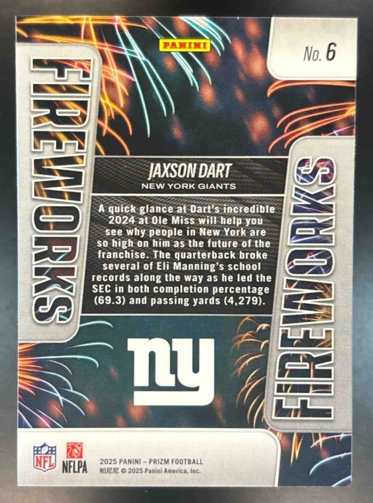 2025 Panini Prizm Jaxson Dart Fireworks #6 RC New York Giants - Sports Cards