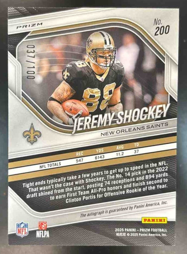 2025 Panini Prizm Jeremy Shockey Choice Auto /100 #200 New Orleans Saints - Sports Cards