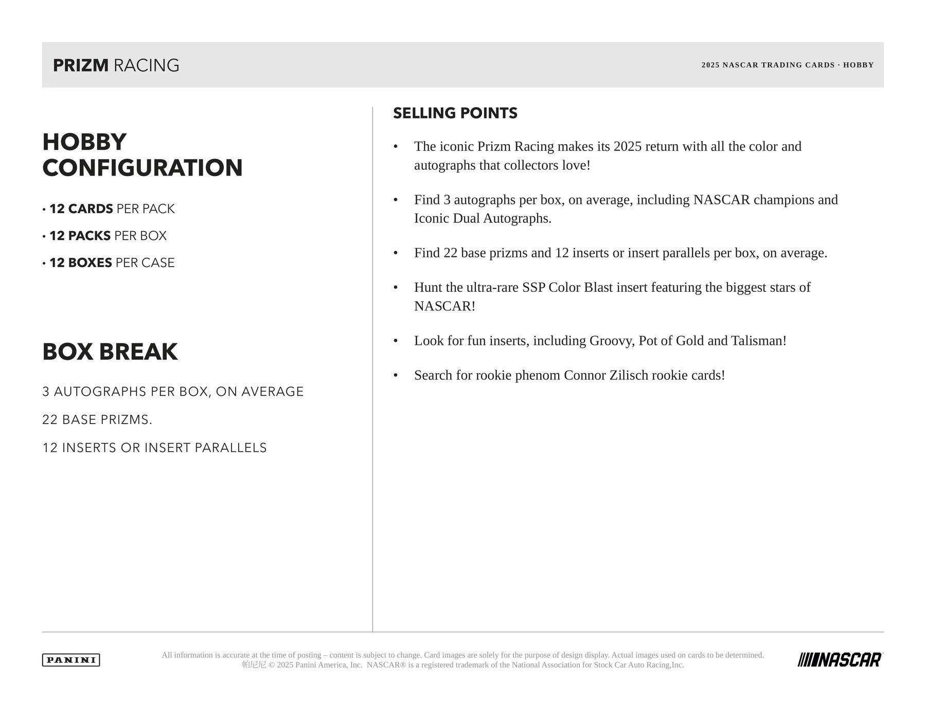2025 Panini Prizm NASCAR Racing Hobby Box (3 Autos) - Racing
