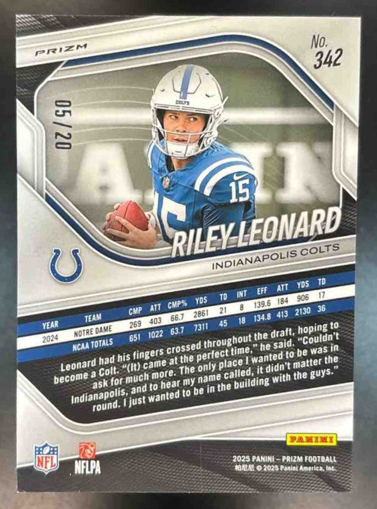 2025 Panini Prizm Riley Leonard Choice Red /20 #342 RC Indianapolis Colts - Sports Cards
