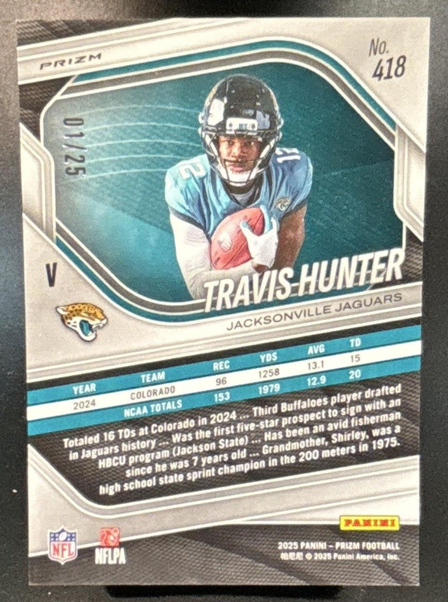 2025 Panini Prizm Travis Hunter Rookie Variations Mojo 1/25 418 Jaguars BOOKEND - Sports Cards