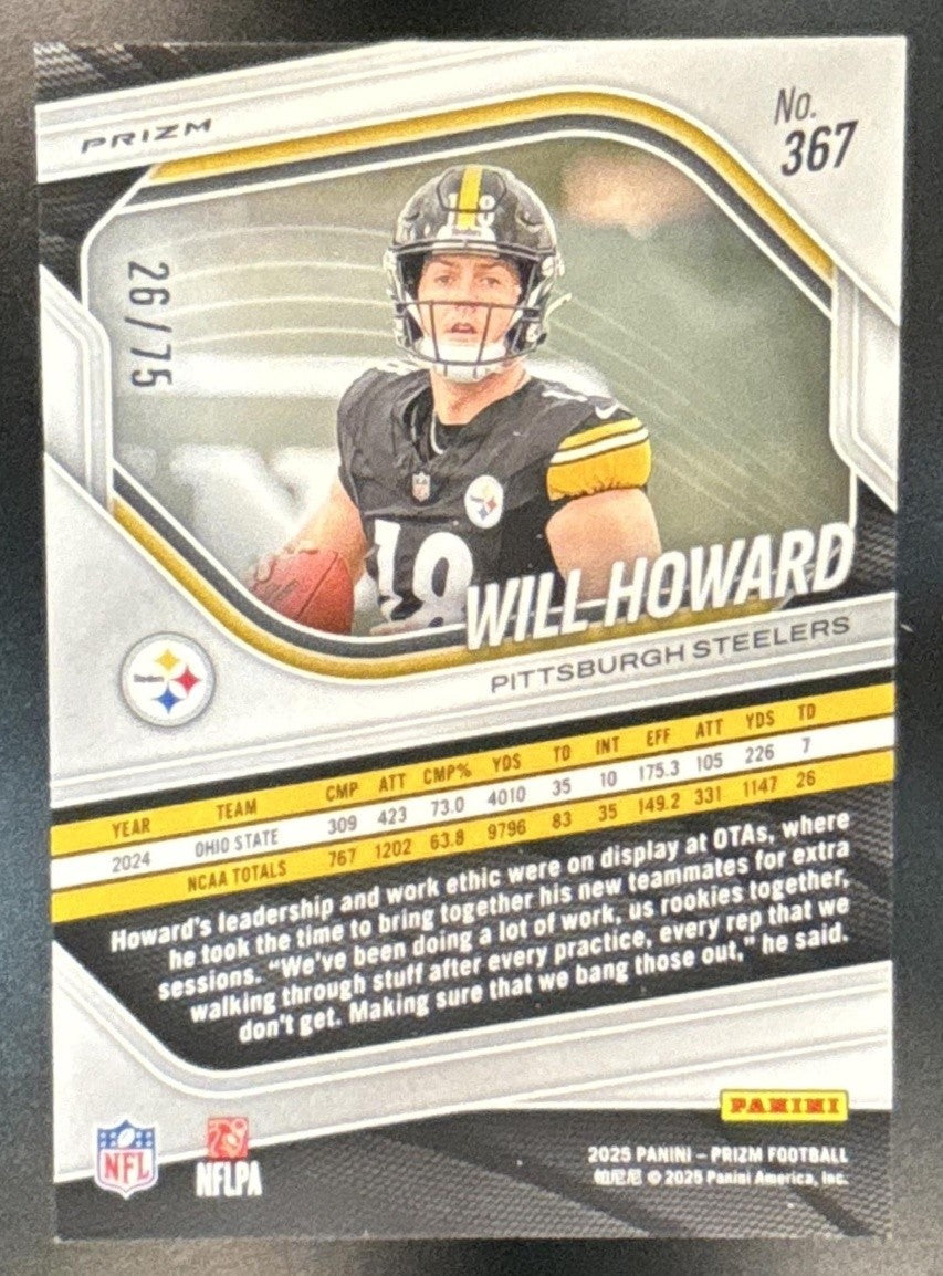 2025 Panini Prizm Will Howard No Huddle Purple /75 #367 RC Pittsburgh Steelers - Sports Cards
