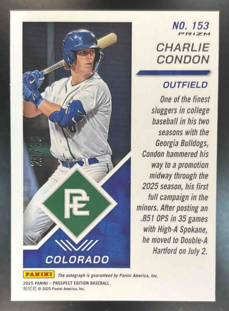 2025 Panini Prospect Edition Charlie Condon Purple Scope Auto /49 Rockies - Sports Cards