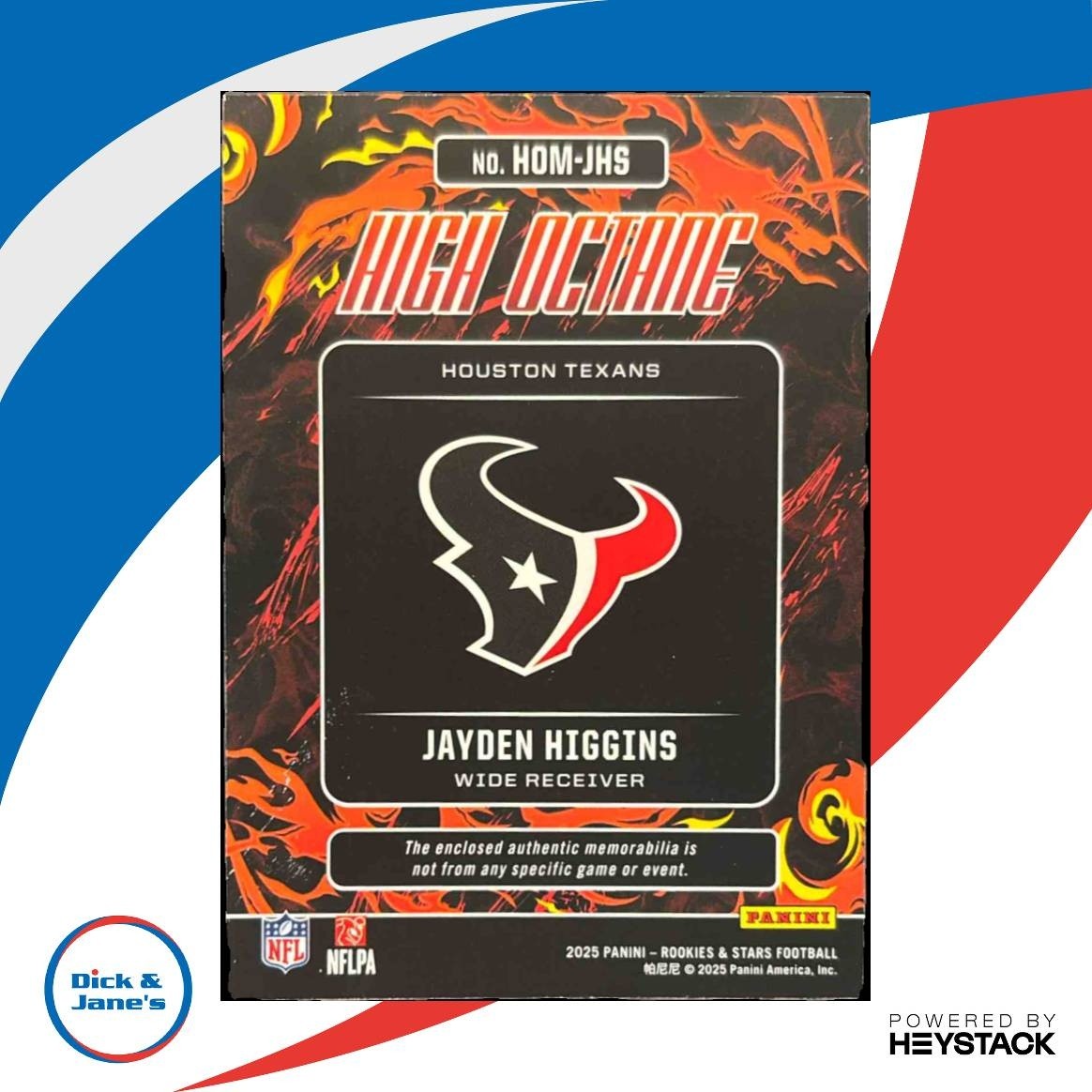 2025 Panini Rookies & Stars Jayden Higgins High Octane Patch MEM RC Texans - Sports Cards