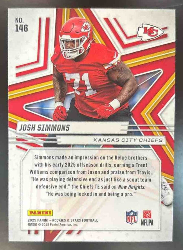 2025 Panini Rookies & Stars Josh Simmons Purple /999 #146 RC Kansas City Chiefs - Sports Cards