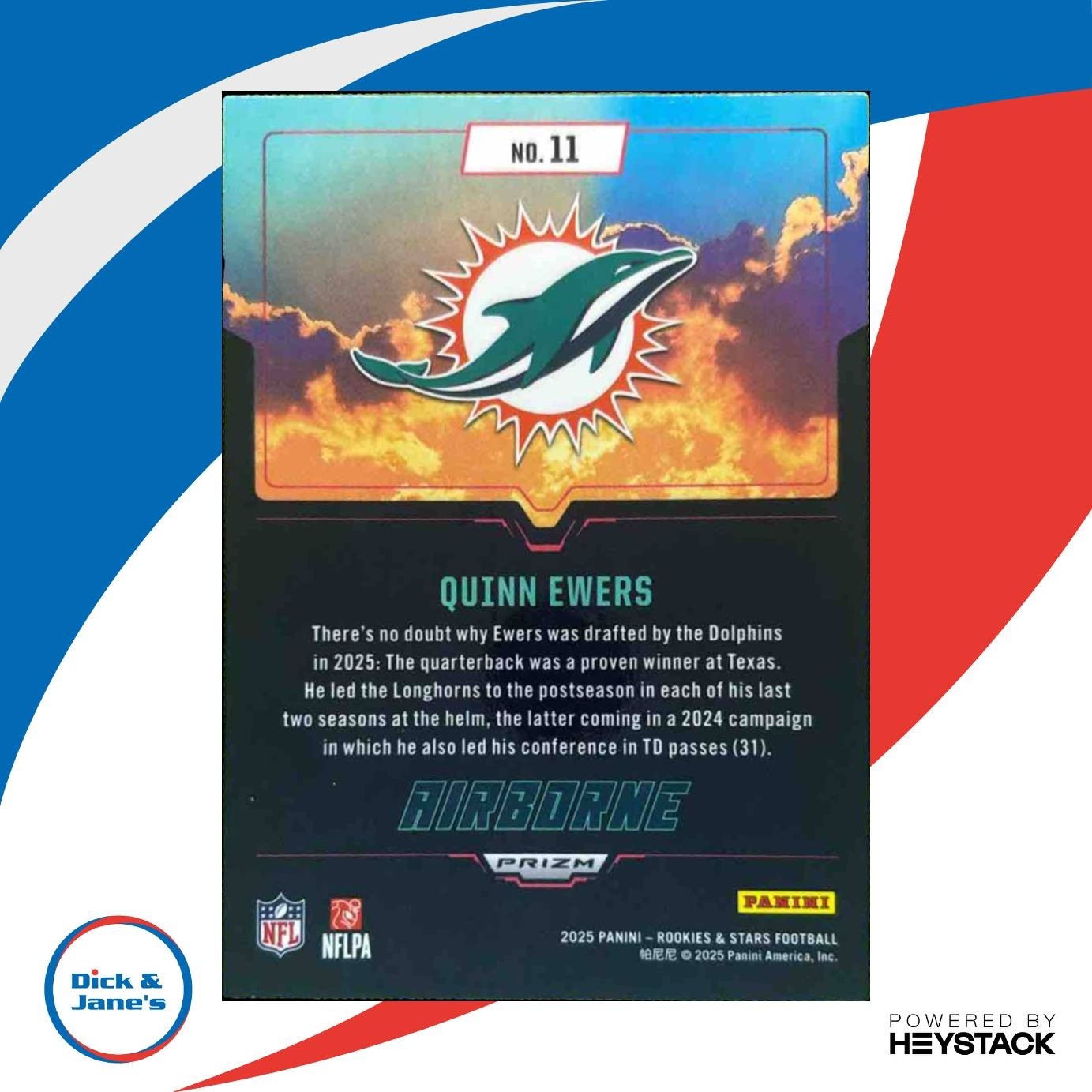 2025 Panini Rookies & Stars Quinn Ewers Airborne Silver #11 RC Miami Dolphins - Sports Cards
