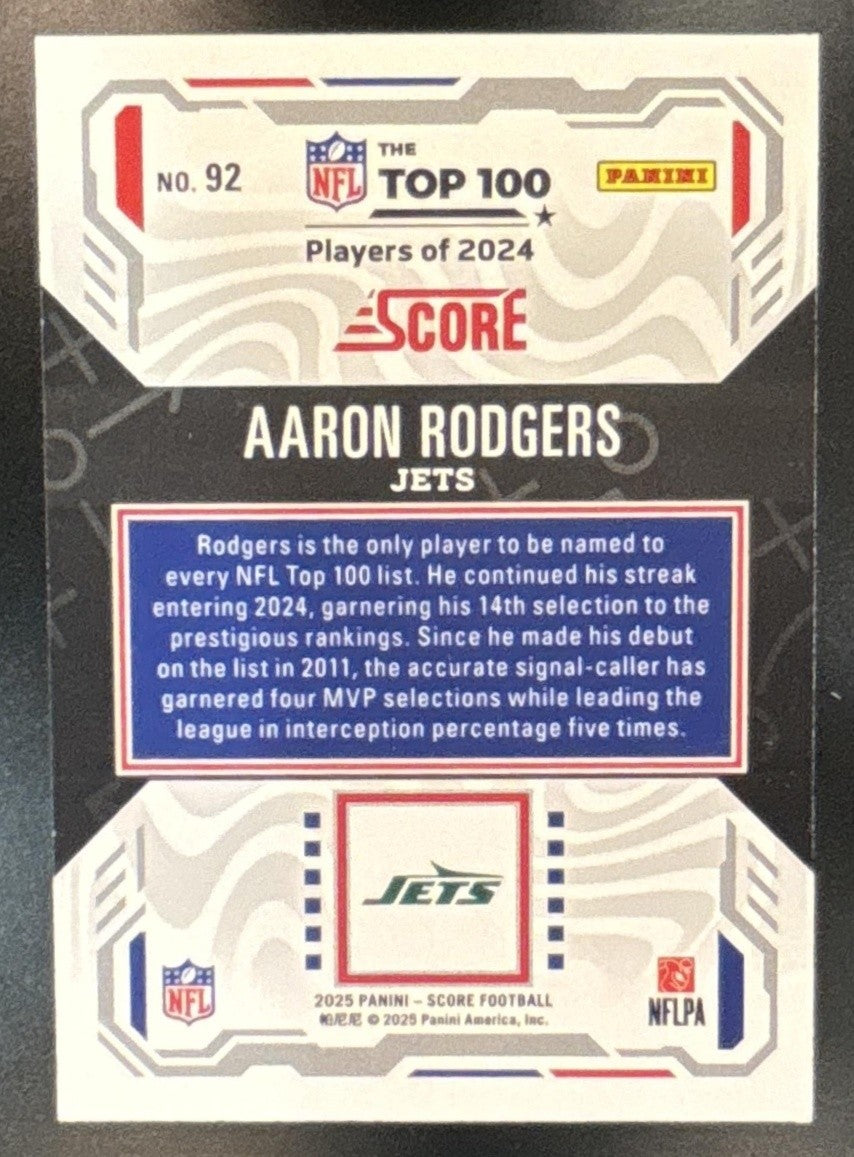 2025 Panini Score Aaron Rodgers Top 100 #92 New York Jets - Sports Cards