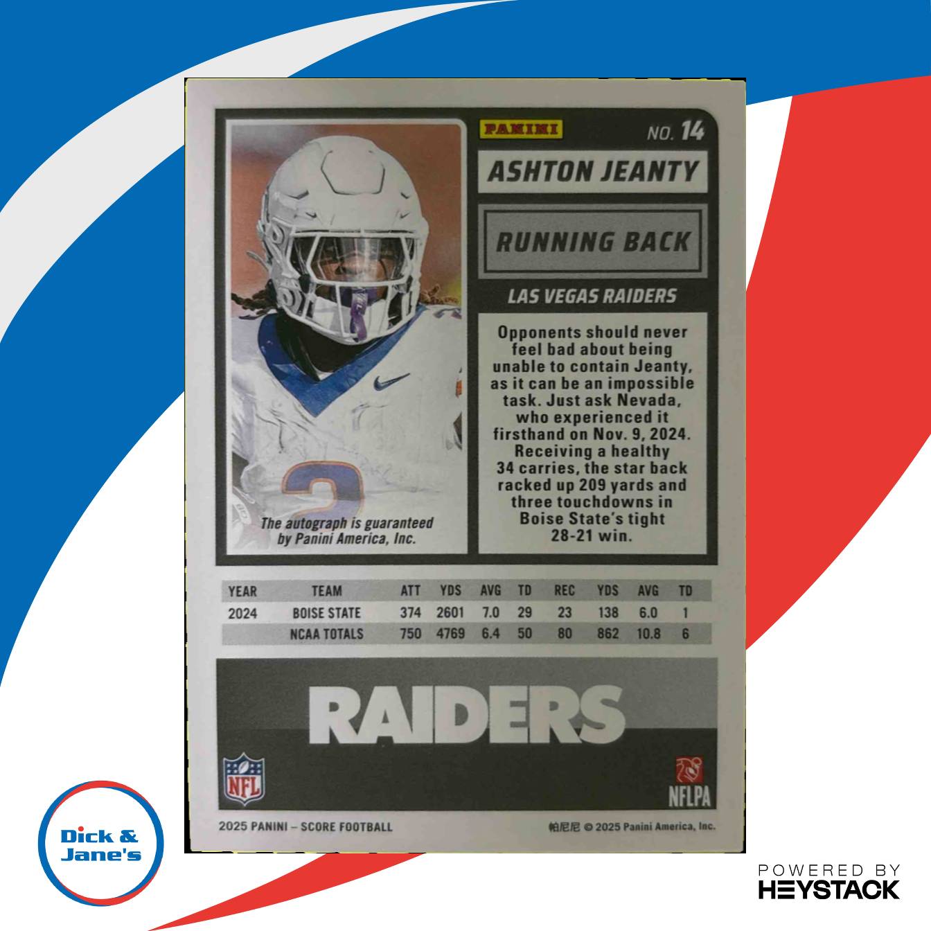 2025 Panini Score Ashton Jeanty Rookies Signatures #14 Auto Las Vegas Raiders Sports Cards