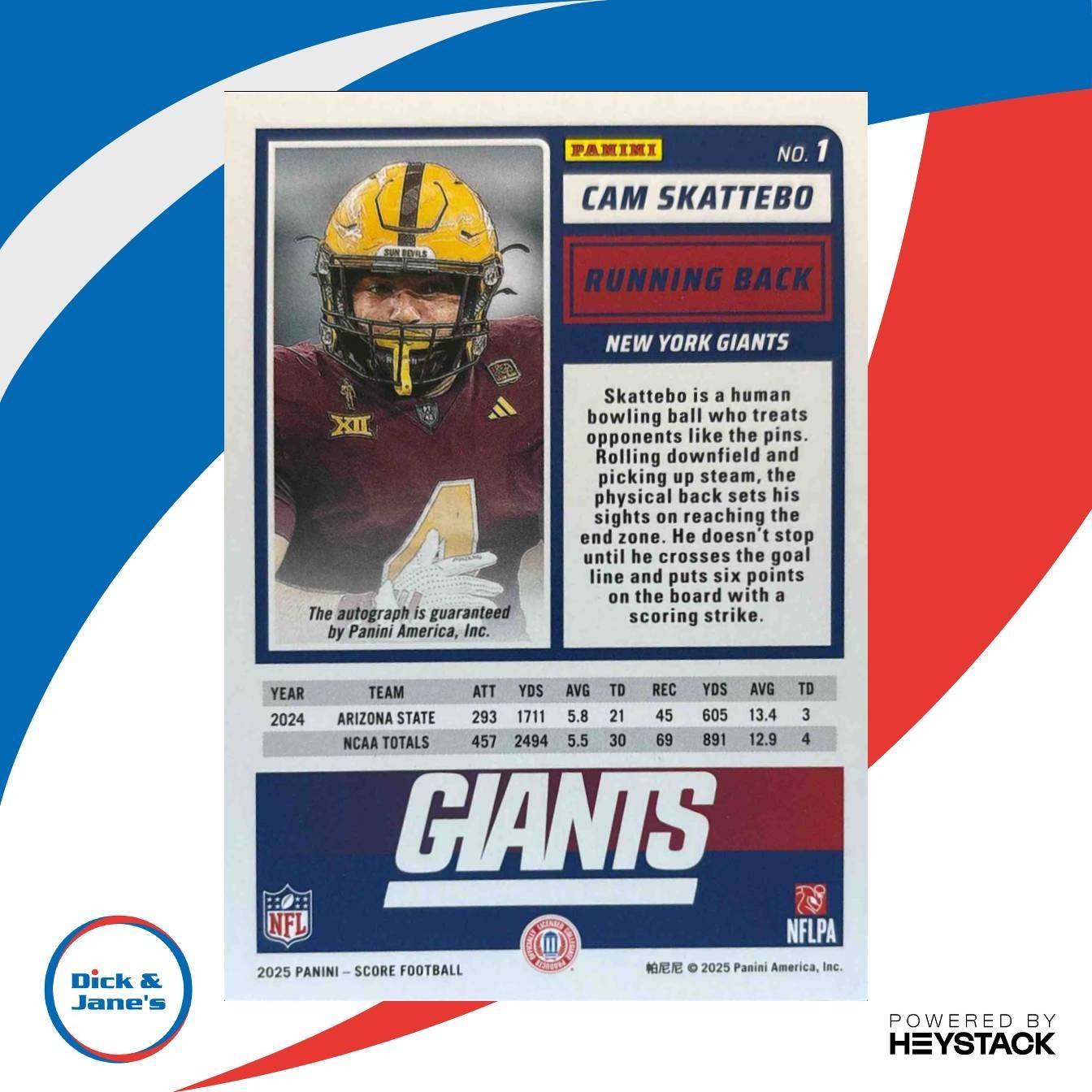 2025 Panini Score Cam Skattebo Rookies Signatures #1 Auto New York Giants - Sports Cards
