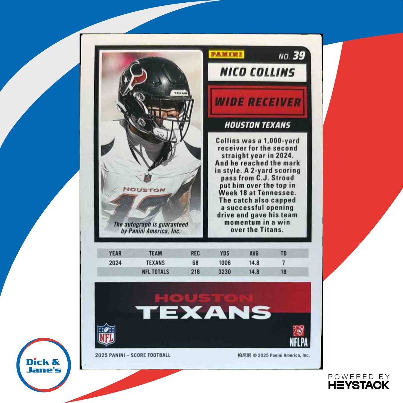 2025 Panini Score Nico Collins Signatures Gold Zone /50 #39 Auto Houston Texans - Sports Cards