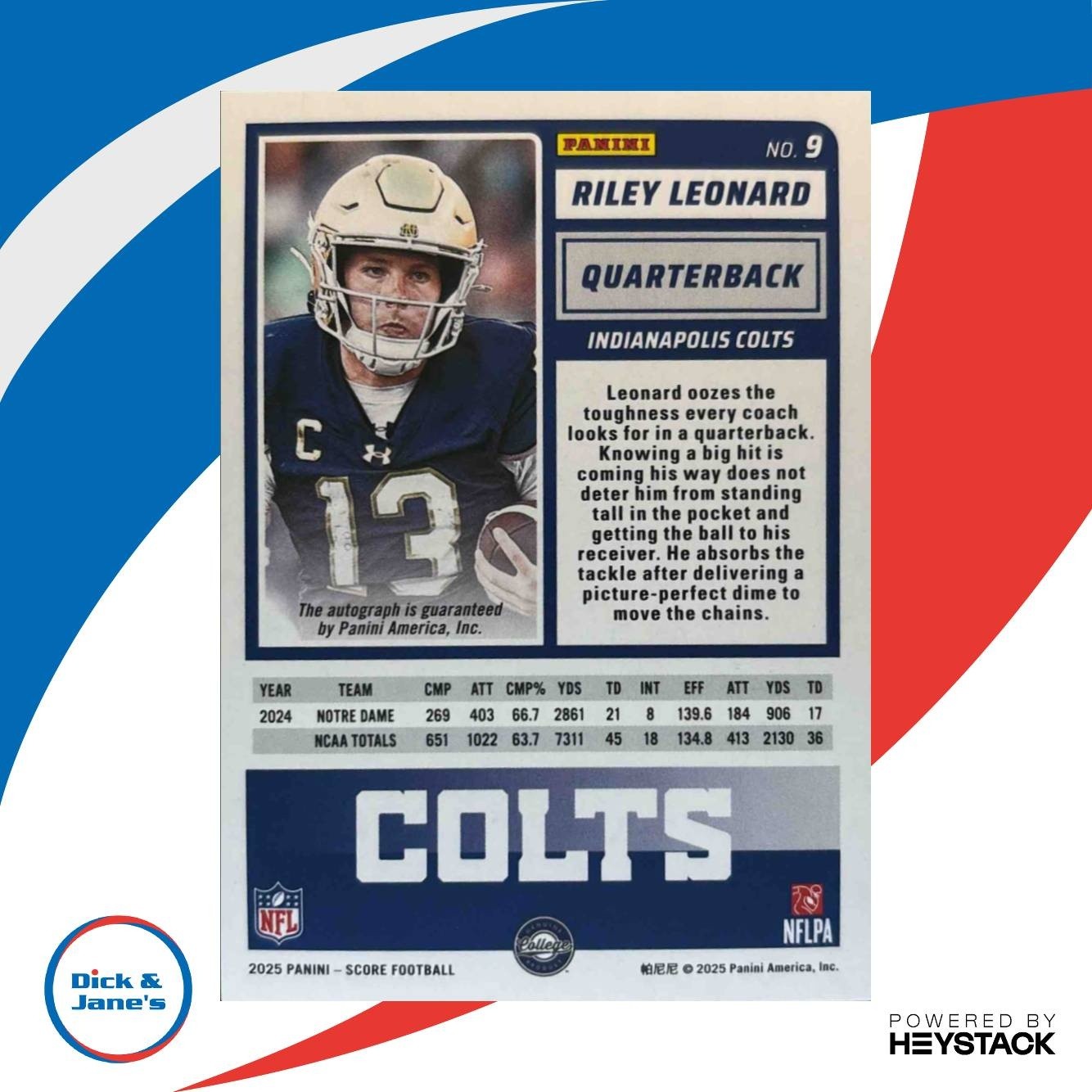 2025 Panini Score Riley Leonard Rookies Signatures Gold /50 #9 Auto Colts - Sports Cards