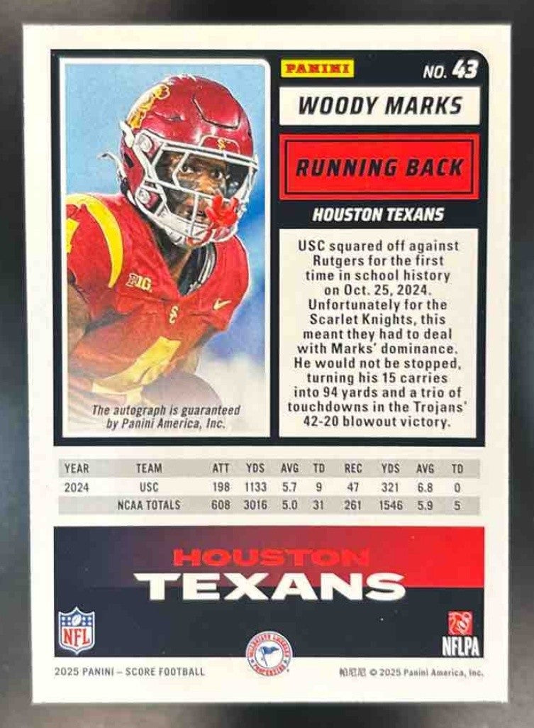 2025 Panini Score Woody Marks Rookies Signatures Green #43 Auto Houston Texans - Sports Cards