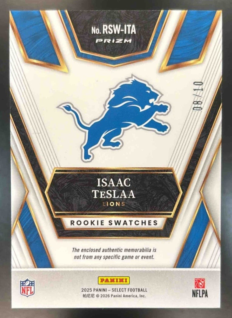 2025 Panini Select Isaac TeSlaa Rookie Swatches Gold Prizm /10 RC Detroit Lions - Sports Cards