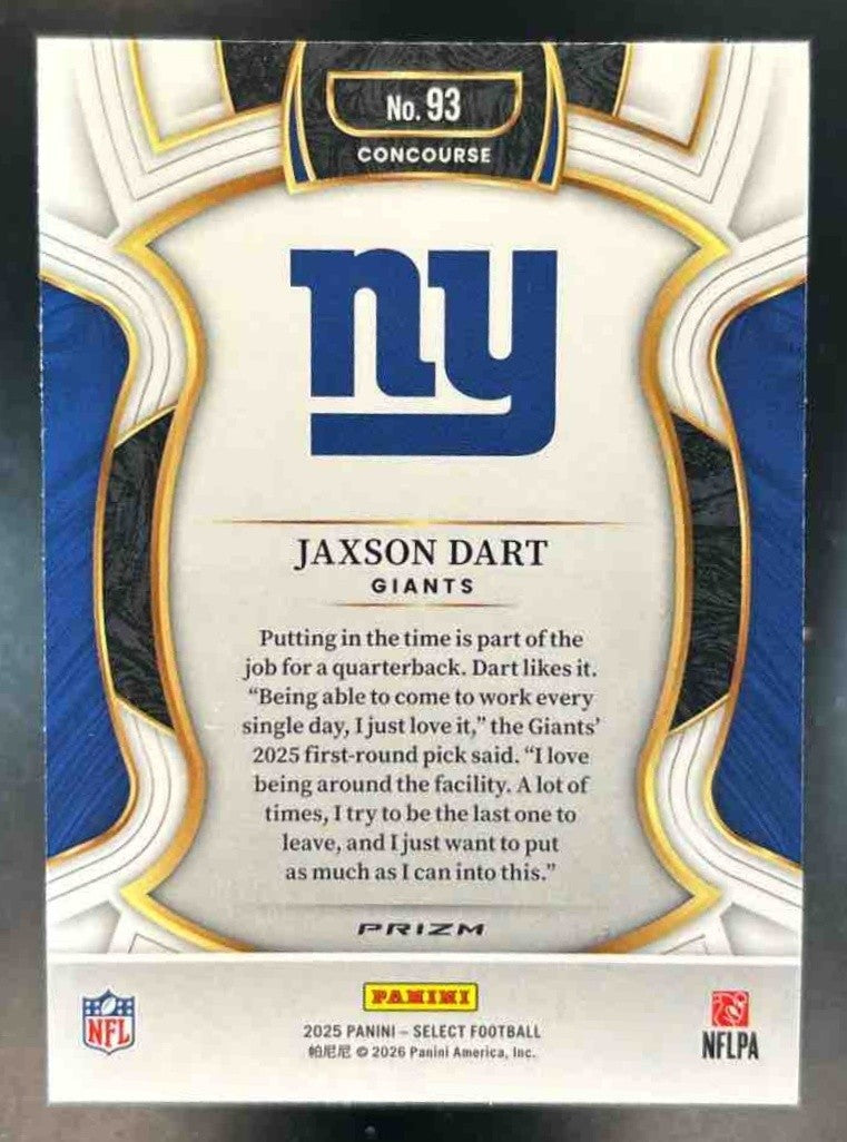 2025 Panini Select Jaxson Dart Concourse Silver Prizm #93 RC New York Giants - Sports Cards