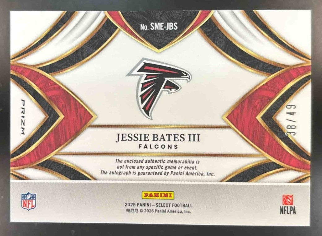 2025 Panini Select Jessie Bates III Patch Auto Purple /49 MEM Auto Falcons - Sports Cards