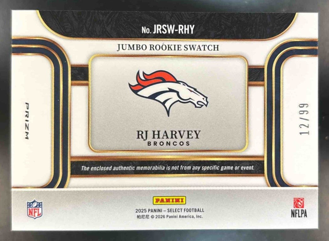 2025 Panini Select RJ Harvey Jumbo Rookie Swatch White /99 RC Denver Broncos - Sports Cards