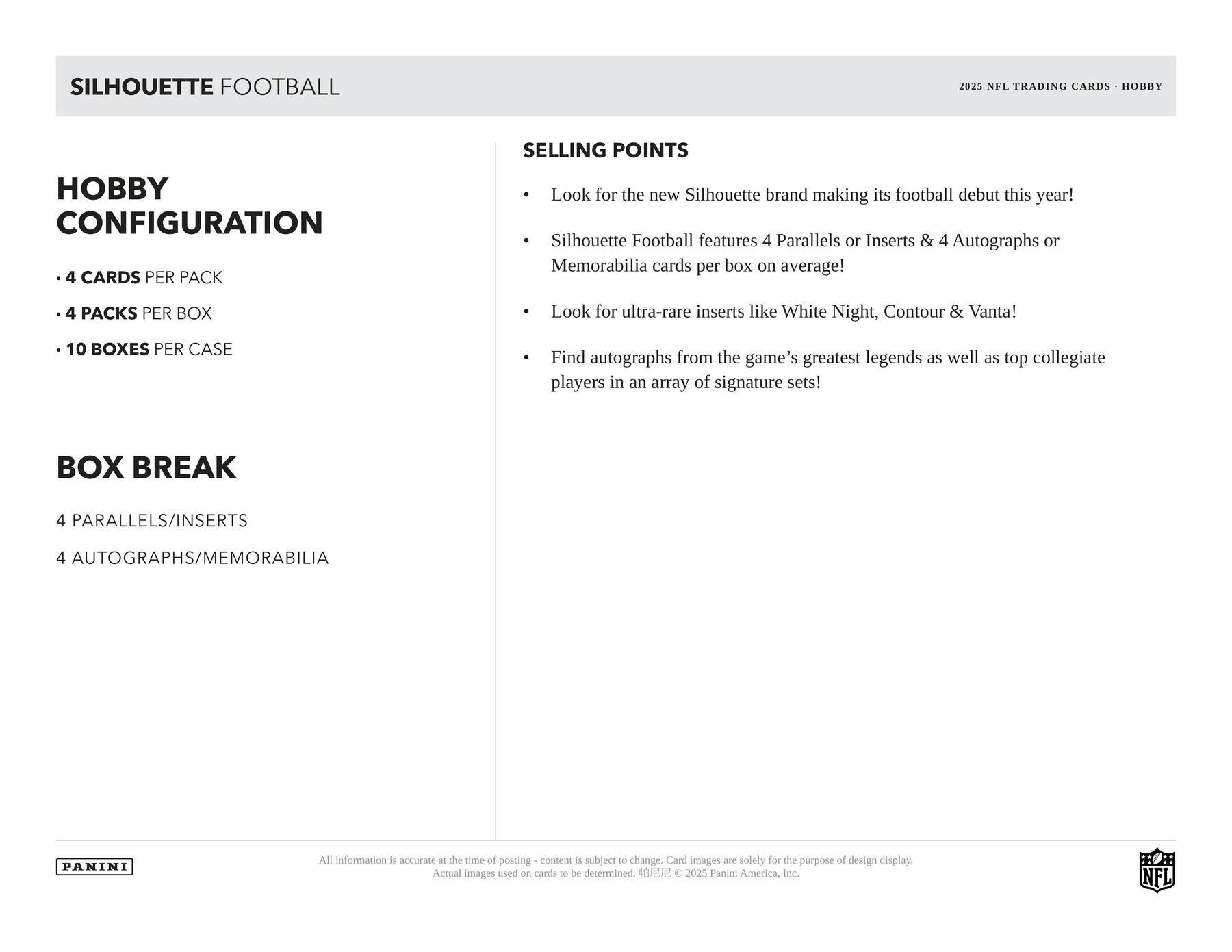 2025 Panini Silhouette Football Hobby Box (4 Auto/Mem) - NFL Hobby Box