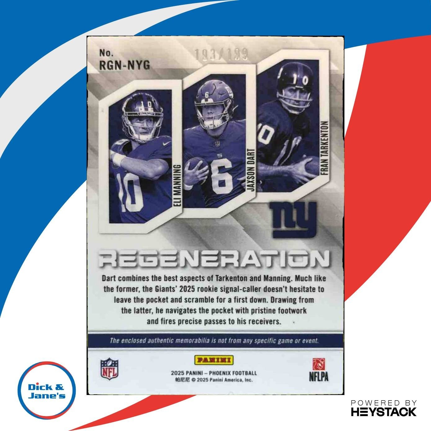 2025 Phoenix Eli Manning Fran Tarkenton Jaxson Dart Blue /199 MEM RC Giants - Sports Cards