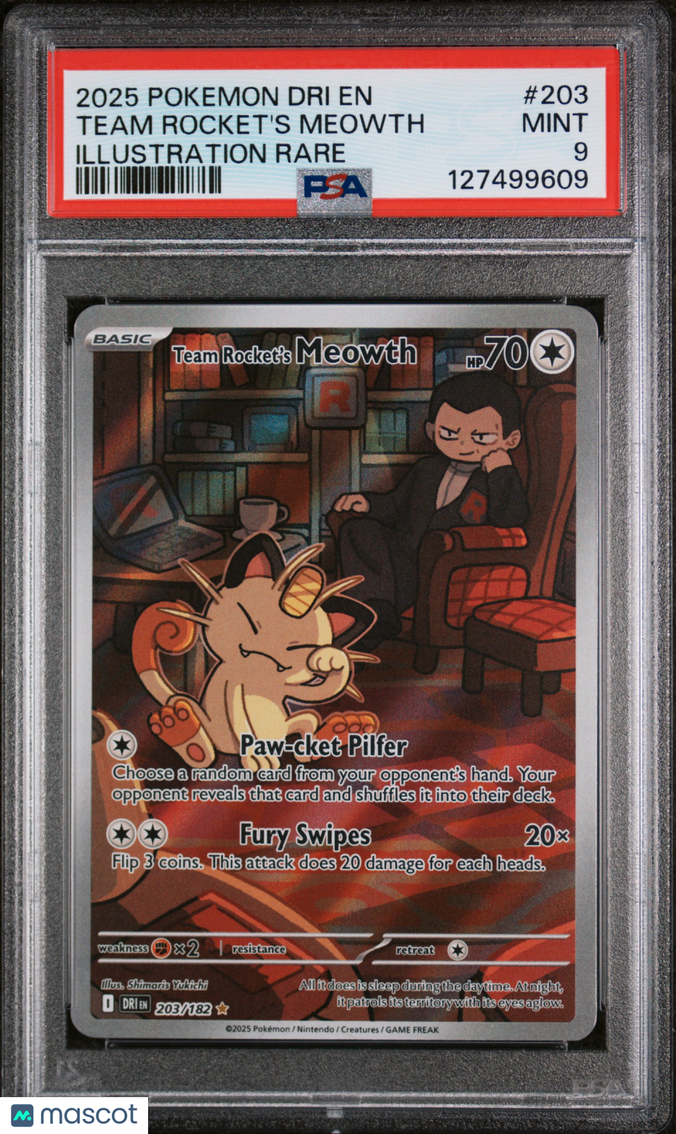 2025 Pokemon Destined Rivals Team Rocket’s Meowth #203 Illustration Rare PSA 9 - Graded TCG/CCG